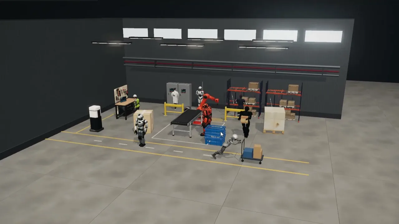 A frame of the screen-recorded factory cell with robots and workers