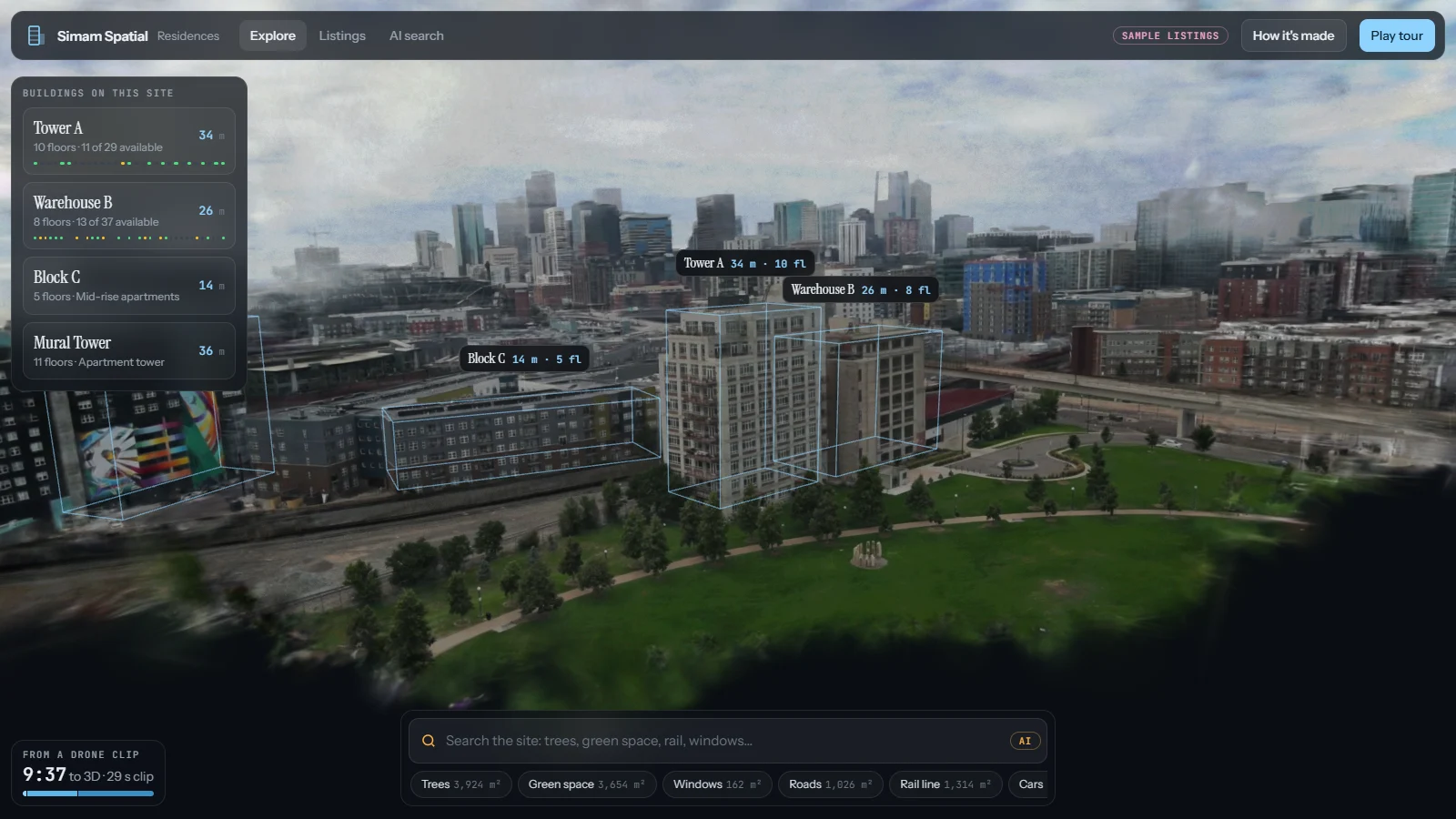 3D splat of an apartment tower beside a park with a downtown skyline, outlined buildings labelled with height and floors