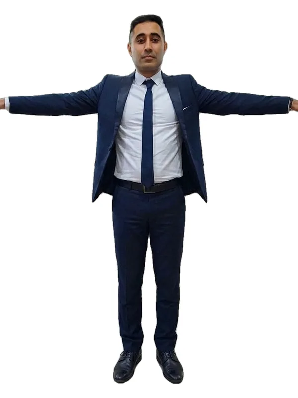 Full-body photo of a man in a navy suit standing in a T-pose, cut out on white