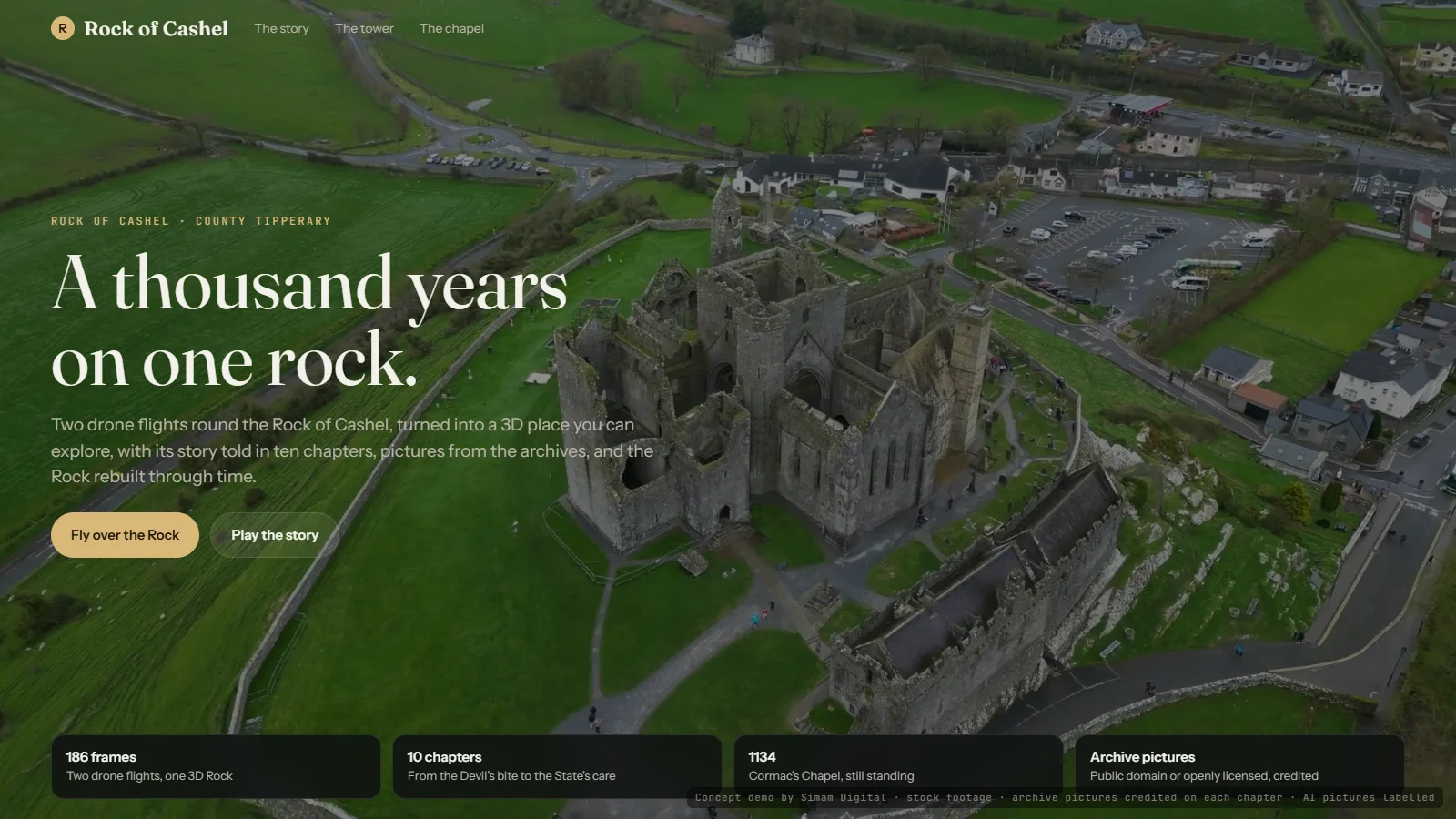 The Rock of Cashel from a drone, with the title A thousand years on one rock