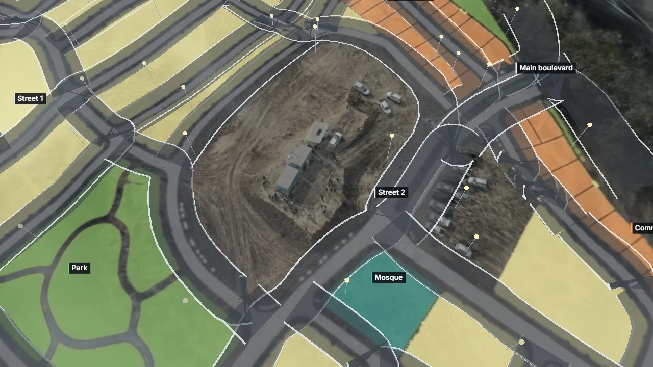 Bare graded land in 3D with the real site office and cars, an AI masterplan of plots, a park and a mosque laid on the ground, and streets with white kerbs
