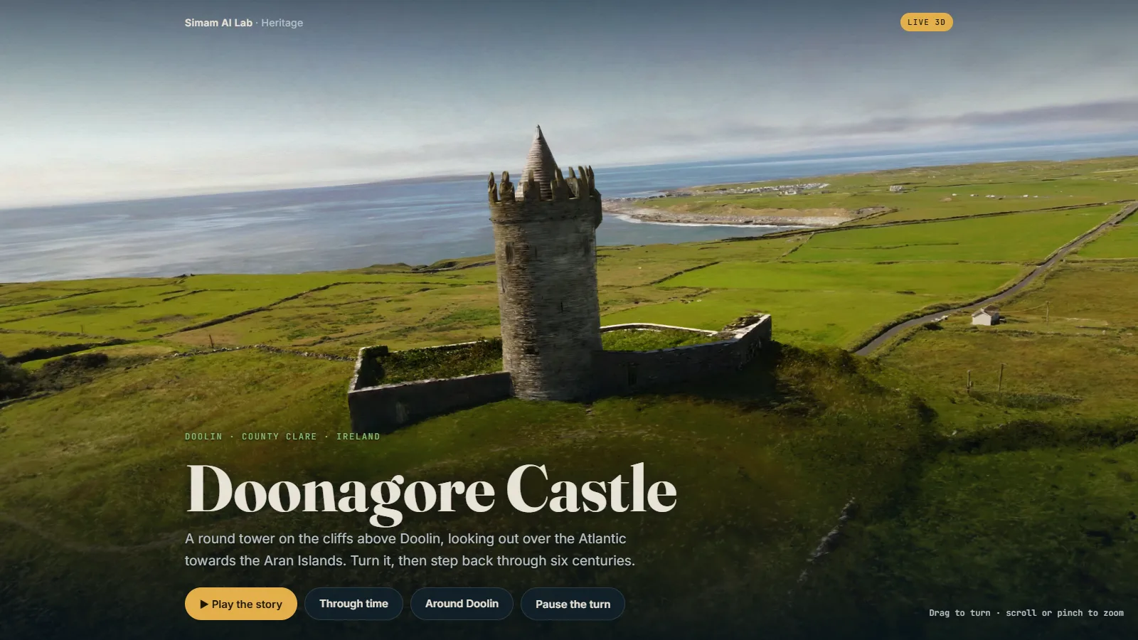 Doonagore Castle in 3D: a round stone tower in a walled yard on a green hill above the sea