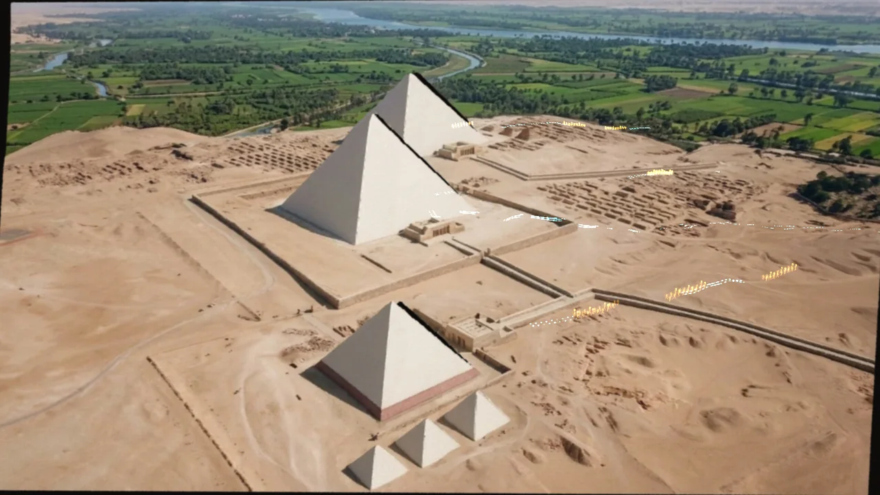 Gemini's picture of the Giza plateau in 2490 BC, white-cased pyramids and temples, lifted into 3D, with glowing processions on the causeways