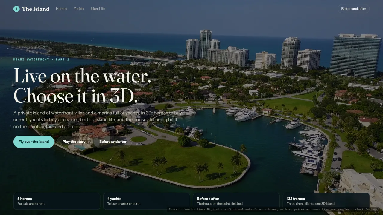 A private island of villas with a marina full of yachts and the city towers behind, from a drone