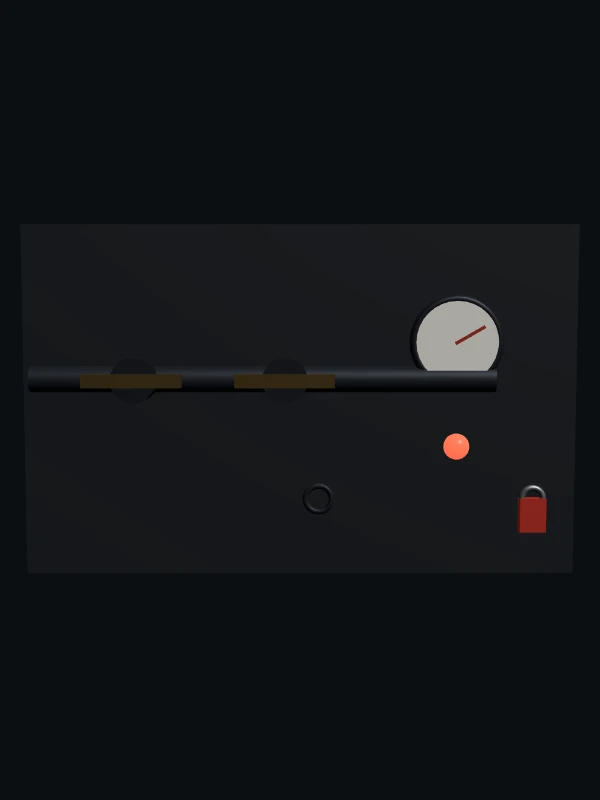 An isolation panel with two open valves on a pipe, a pressure gauge reading high, a red lamp and a padlock on a shelf