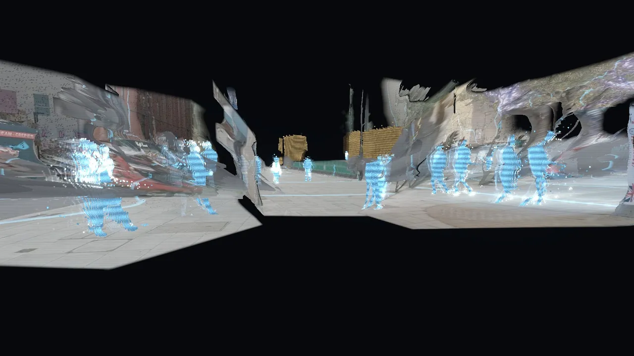 Two London streets side by side in 3D, real shopfronts and pavements with the walkers as blue light