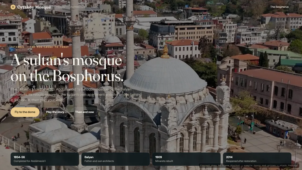 The Ortaköy Mosque's dome and minarets from a drone, with the title A sultan's mosque on the Bosphorus