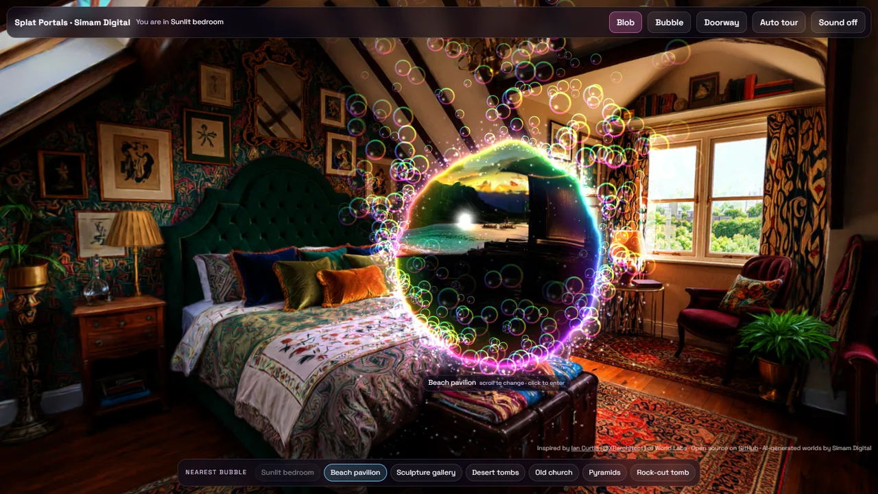 A wobbling rainbow bubble in a bedroom showing a beach inside, with soap bubbles drifting off it