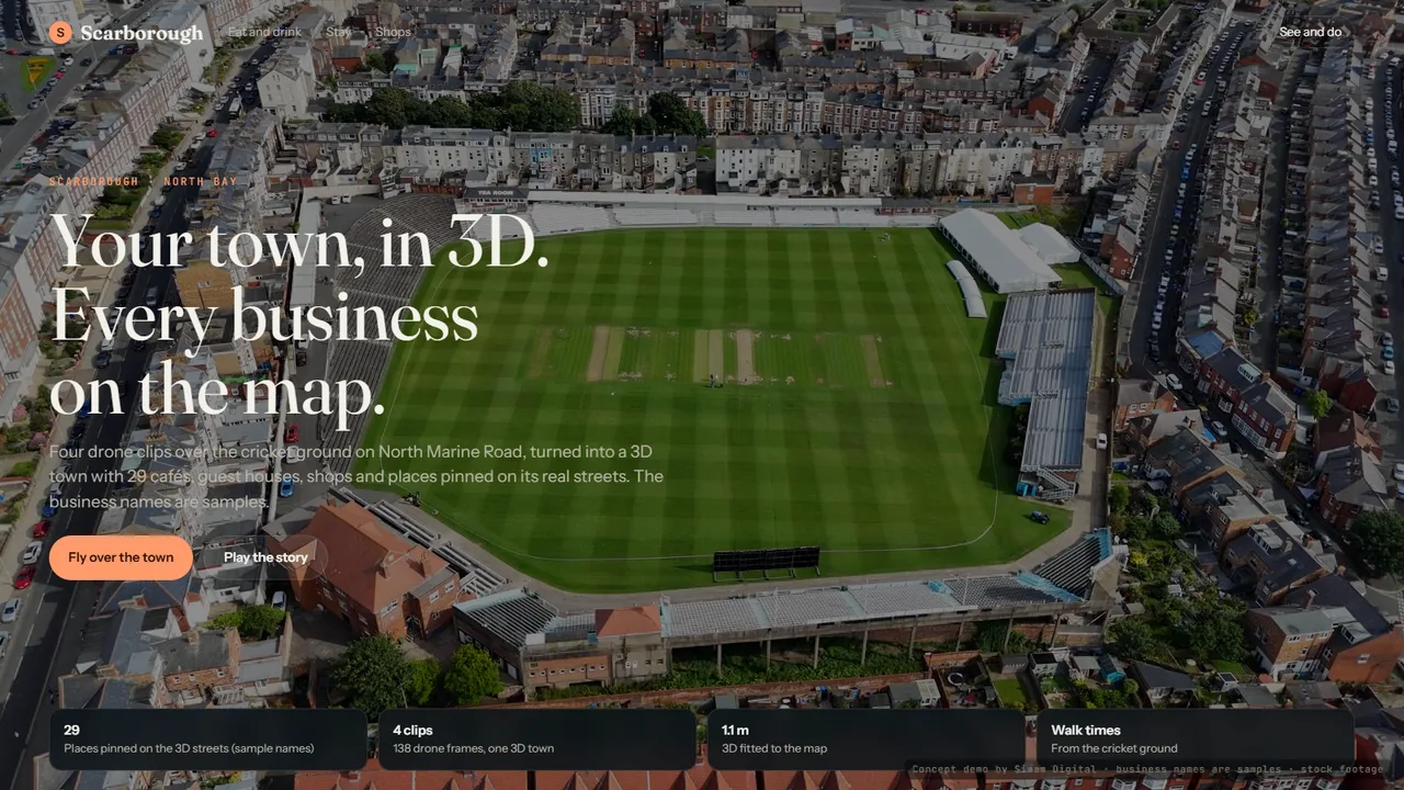 The cricket ground on North Marine Road from a drone, with the title Your town, in 3D. Every business on the map.