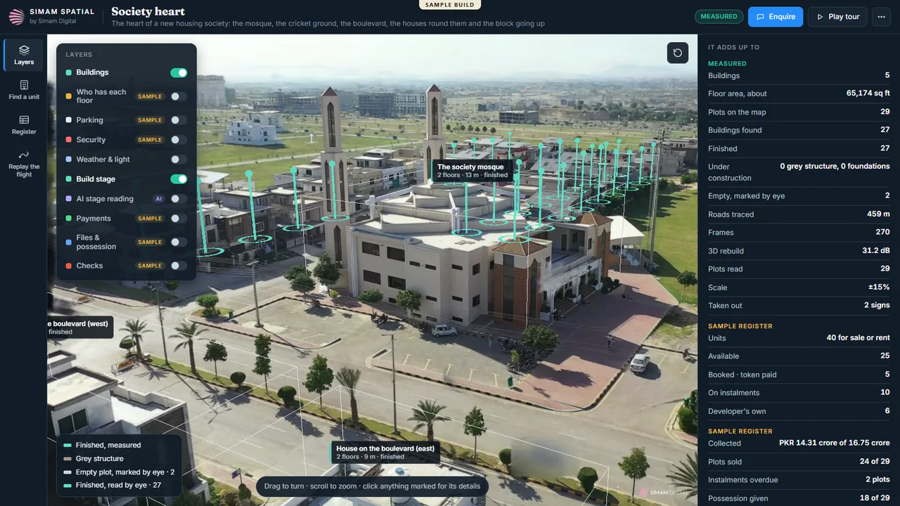 A housing society's mosque with twin minarets, the boulevard and the rows of houses in 3D, with plot markers and a measured panel