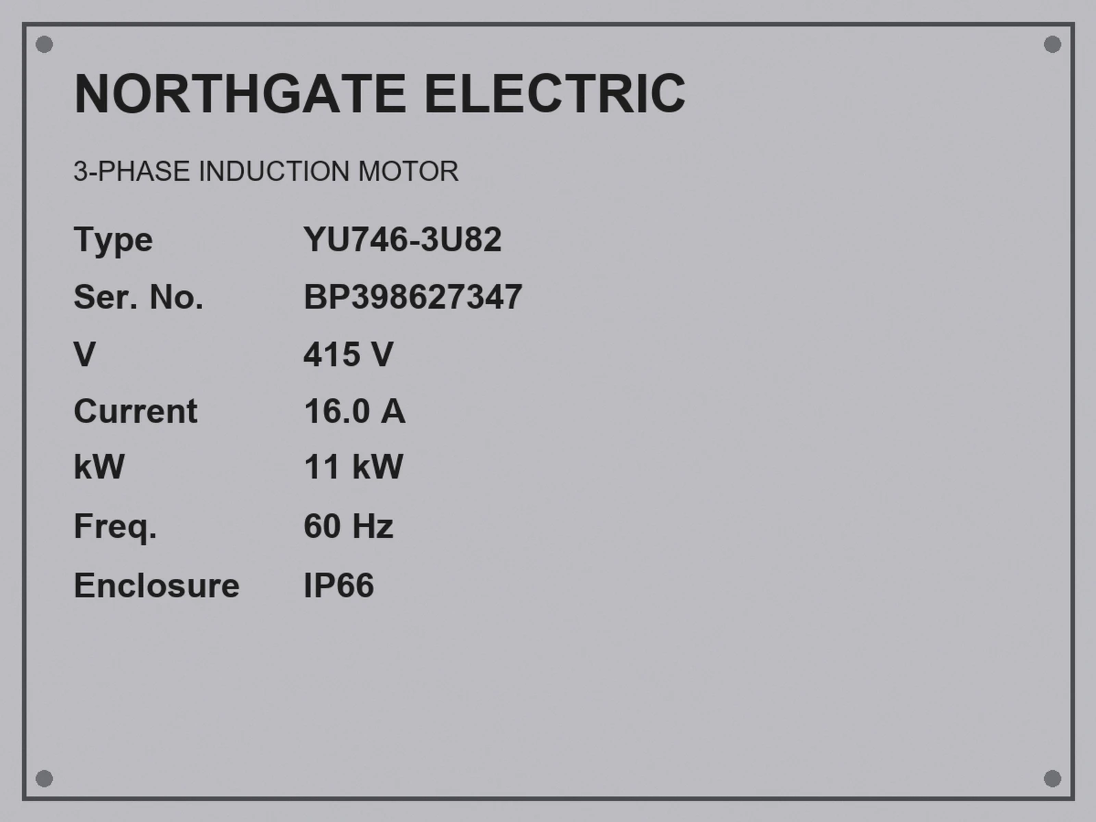 A fictional motor rating plate with type, serial, voltage, current, power, frequency and IP rating, and the same plate with a green ring on each value the model read, labelled with the field name (Photo)