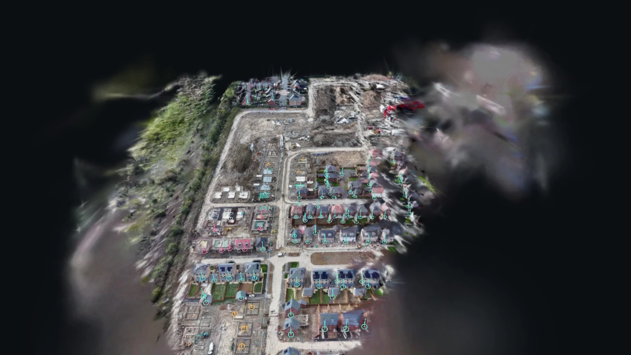 A whole housing site rebuilt in 3D from above, with a coloured pin on every plot