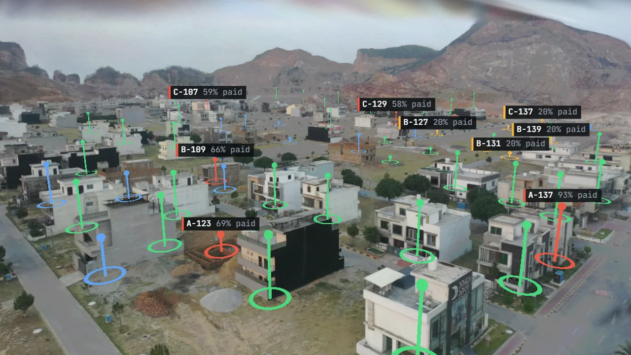 A 3D housing society with a post on every plot coloured by payment status and labels showing how much of the price is paid