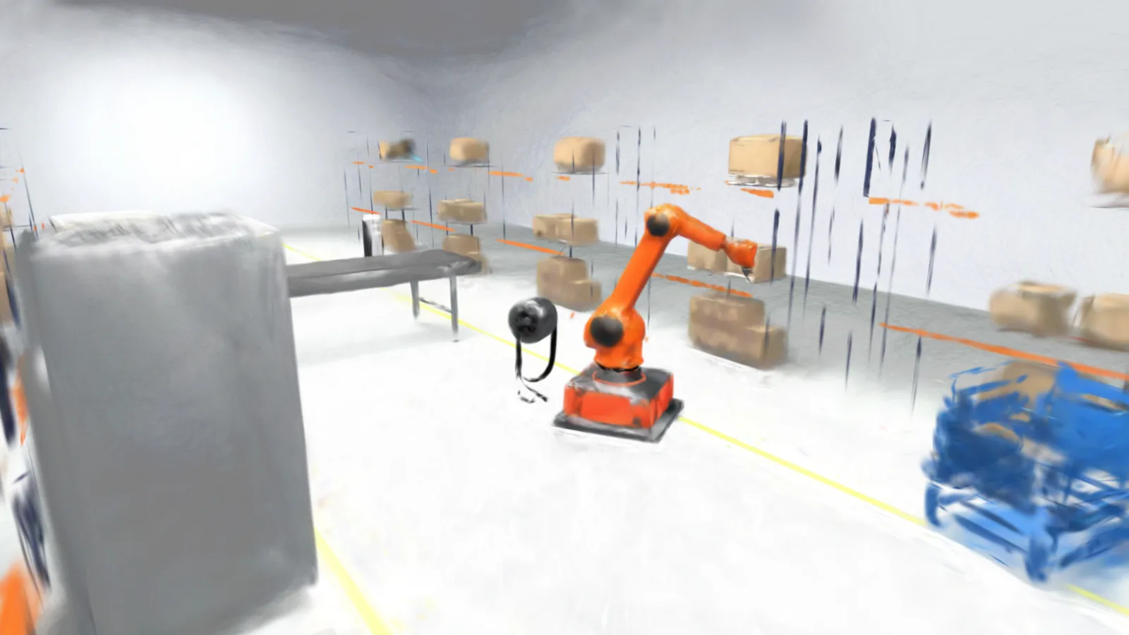 The factory robot cell rendered from the smallest streamed version, sparse and blurry, and from the full scene (T0: 100k Gaussians, 1.2 MB)
