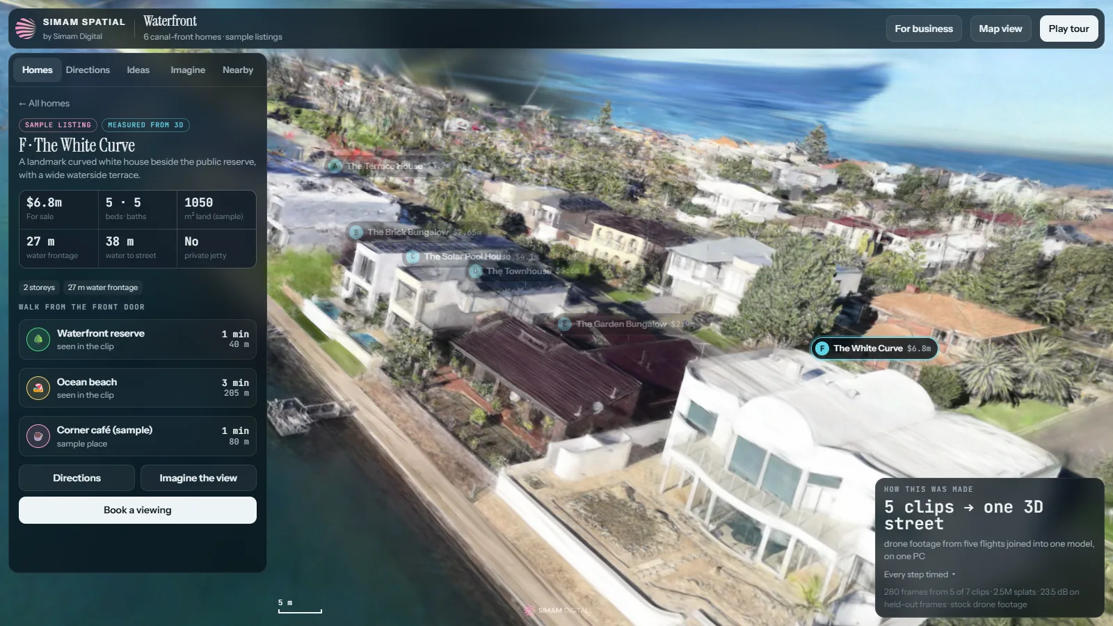 Canal-front homes in 3D seen from the side, with a listing panel for the White Curve house