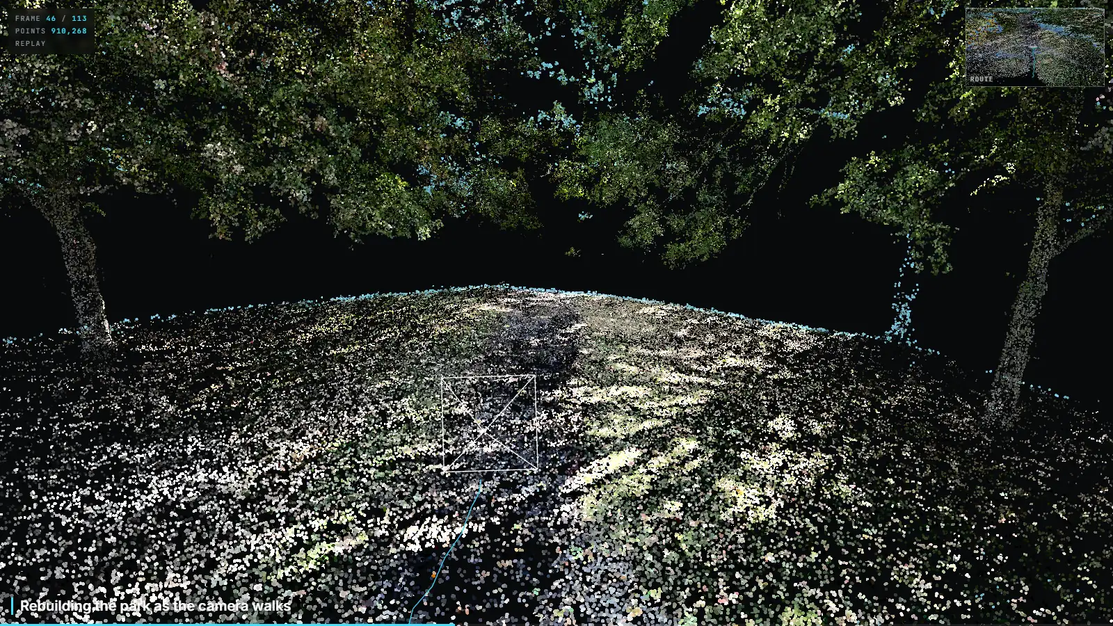 Trees and a grassy slope in the park drawn as coloured points, building up around the camera's frustum