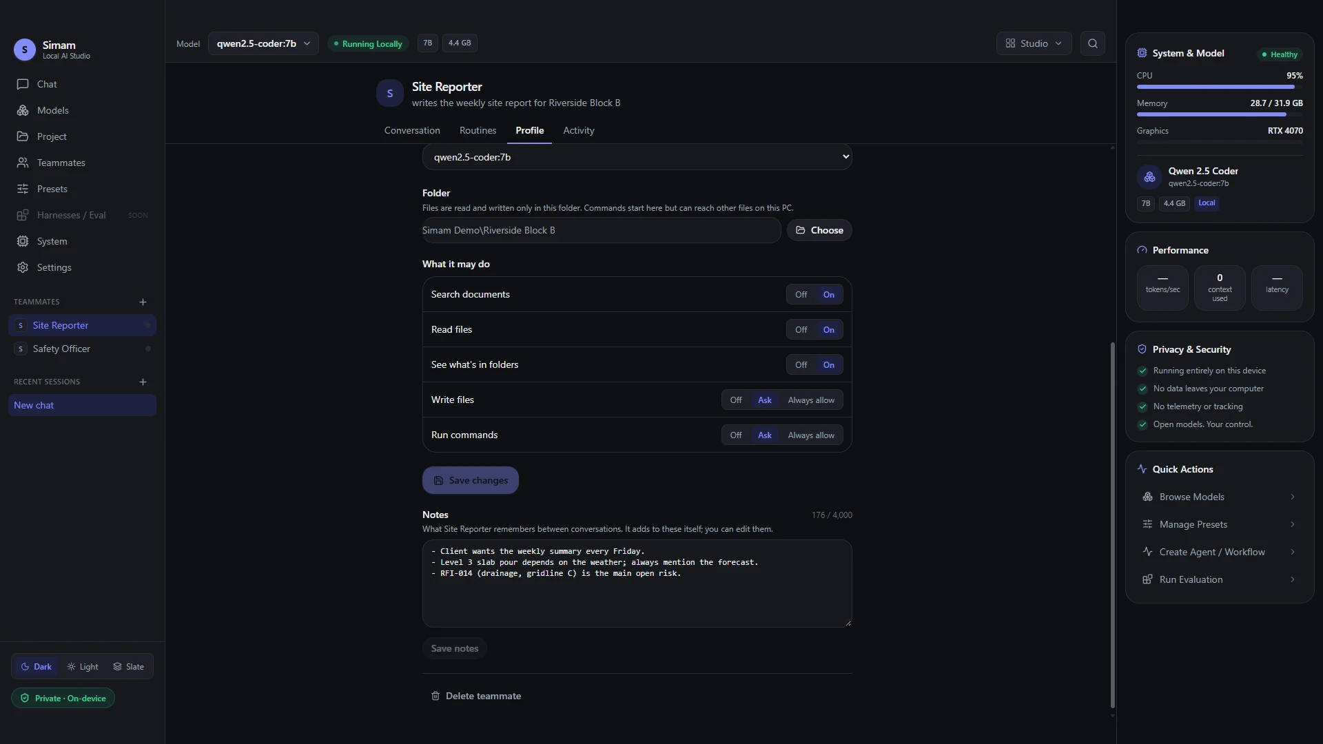 Simam: Offline AI Teammates interface record 2