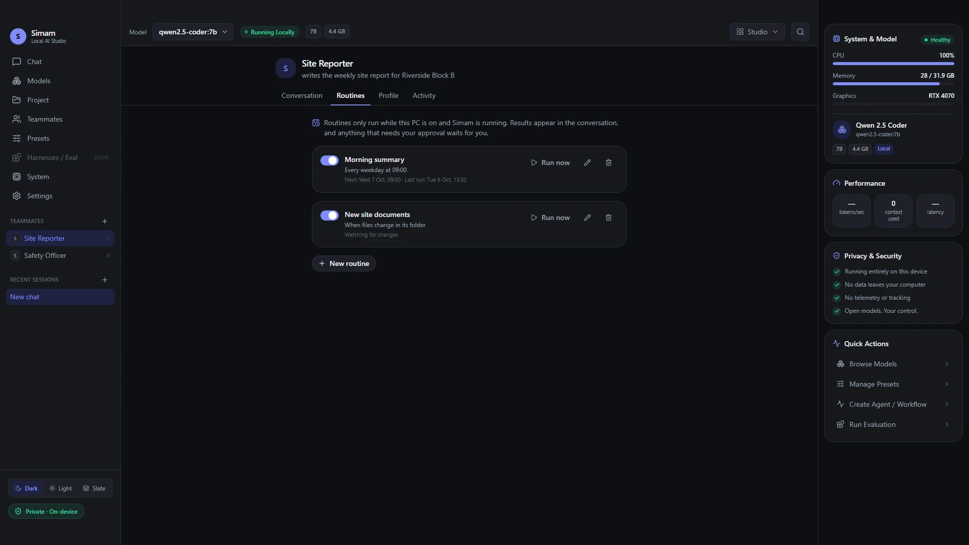 Simam: Offline AI Teammates interface record 3