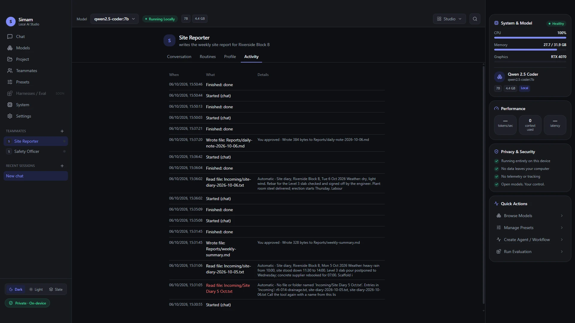 Simam: Offline AI Teammates interface record 4