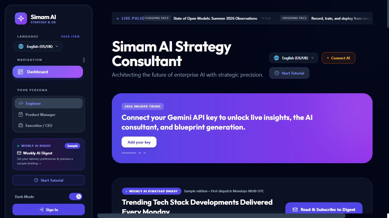 Simam AI Hub strategy consultant interface with AI transformation tools