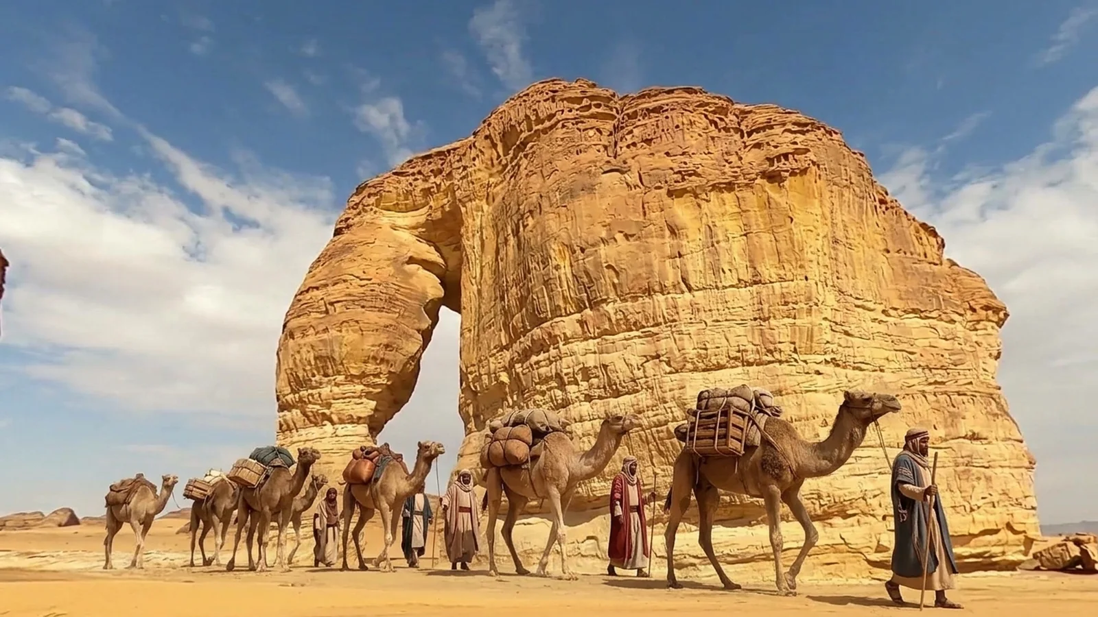 Gemini's picture of a camel caravan passing Elephant Rock
