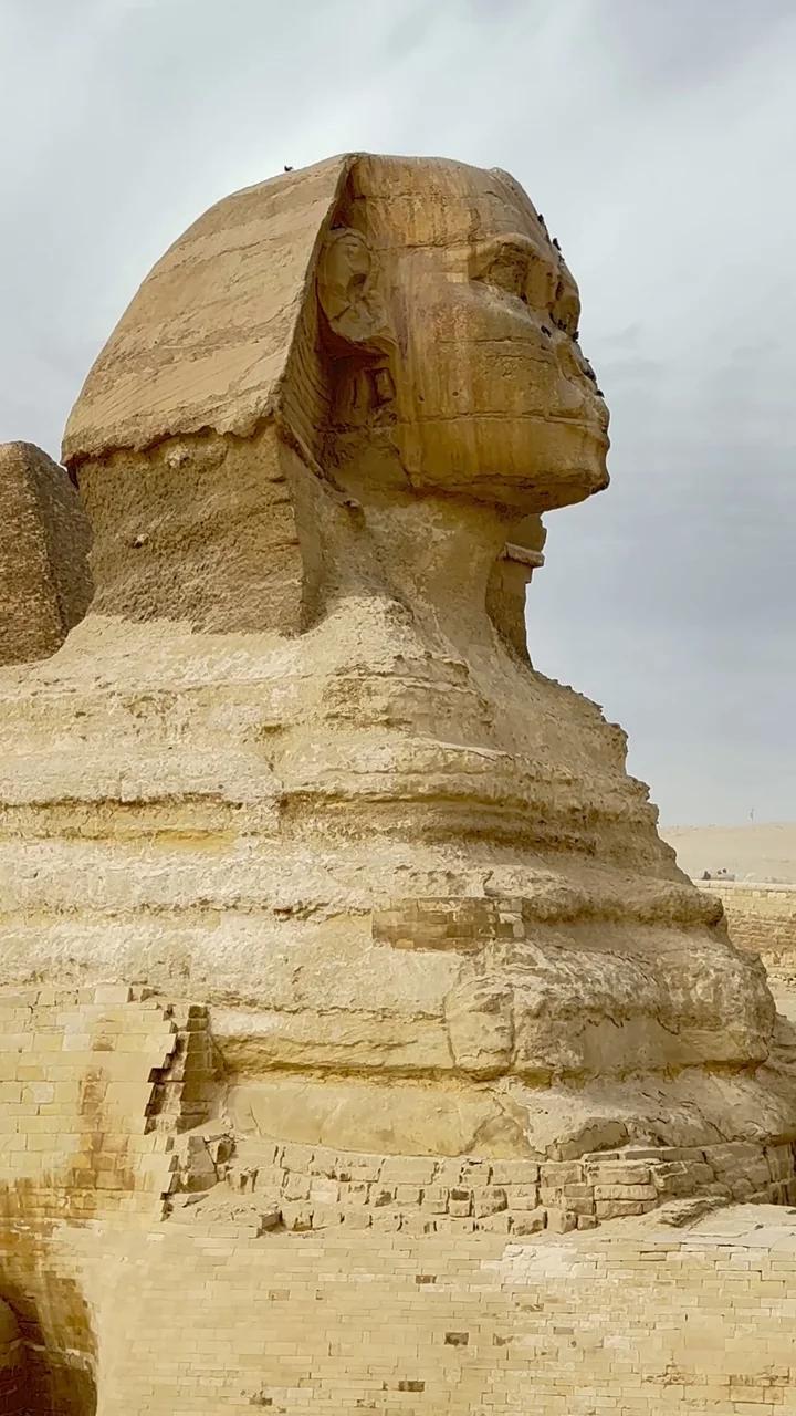 Photo of the Great Sphinx today, weathered, without its nose