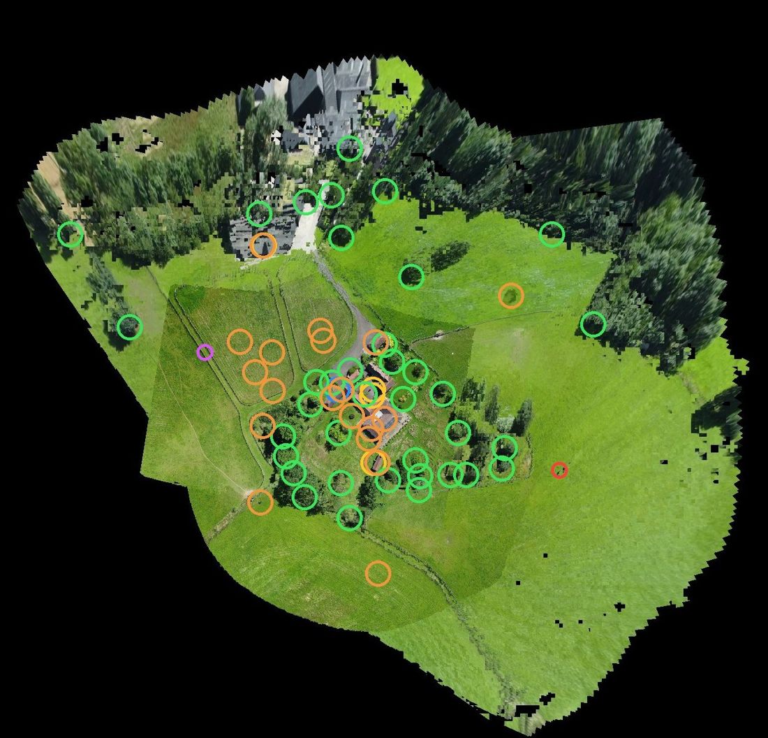 Map of the estate made from the drone footage, with trees and buildings circled