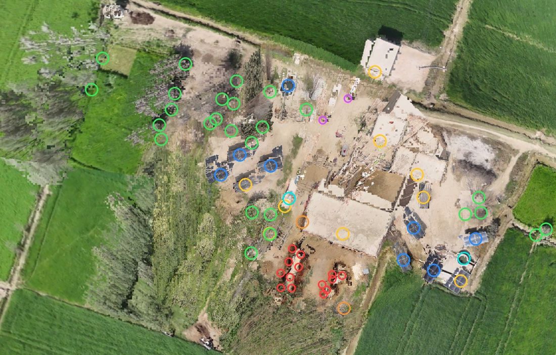 Map of the farm compound made from the drone footage, with panels, cattle, trees and buildings circled